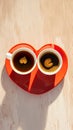 Two small cups of coffee accompanied by heart shaped saucer