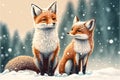 Two small cute foxes in the snow, creative digital illustration painting Royalty Free Stock Photo