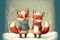 Two small cute foxes in the snow, creative digital illustration painting Royalty Free Stock Photo