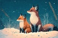 Two small cute foxes in the snow, digital illustration painting artwork Royalty Free Stock Photo