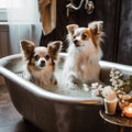 Two small dogs are sitting in a bathtub. AI generative image. Royalty Free Stock Photo