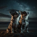 Two small dogs sitting on a beach in the evening looking up into the night sky