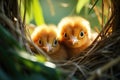 Two small fledgling chicks peek out of the nest