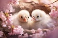 Two small fluffy white chicks in a nest on a tree with pink flowers. Spring and wild nature. AI Generated Royalty Free Stock Photo