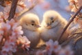 Two small fluffy white chicks on a tree branch with pink flowers. Spring and wild nature. Copy space Royalty Free Stock Photo