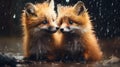 Two small foxes are sitting next to each other in the rain, AI Royalty Free Stock Photo