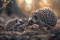 Two small hedgehogs sit side by side, highlighting their social behavior and unique relationship Royalty Free Stock Photo