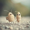 Two small insects made of yarn standing on a gravel road, AI