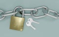 Two small keys with metal chain and lock isolated on mint green background 3d render illustration