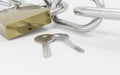 Two small keys with metal chain and lock isolated on white background 3d render illustration