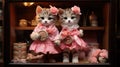 Two small kittens dressed in pink holding a clock and flowers, AI