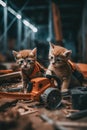 Two small kittens sitting next to a chainsaw. Generative AI image.