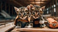 Two small kittens sitting on a table next to a mouse. Generative AI image. Royalty Free Stock Photo