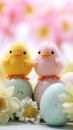 Two small knitted birds sitting on top of colorful eggs, AI