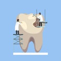 Two Small Male Doctors Treating and Cleaning Giant Unhealthy Tooth Vector Illustration