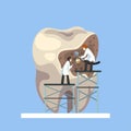 Two Small Male Doctors Treating Giant Unhealthy Tooth with Plaque and Caries Hole Vector Illustration Royalty Free Stock Photo