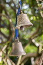 Two small metallic oriental bells hanging in the garden Royalty Free Stock Photo