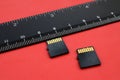 Two small micro SD memory cards lie on a red background next to a black ruler. A small and compact data and information store