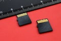 Two small micro SD memory cards lie on a red background next to a black ruler. A small and compact data and information store
