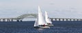 Two small two person sailboats with the Great South Bay bridge in the background