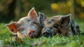 Two Small Pigs Laying on Top of a Pile of Wood