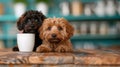 Two Small Poodle Dogs Sitting at a Restaurant Table Royalty Free Stock Photo