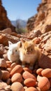 Two small rabbits sitting on top of a pile of rocks, AI