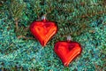 Two small red glass hearts with colorful rainbow Christmas decorations and a small green fir tree branch Royalty Free Stock Photo