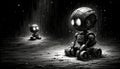 Two Small Robots in a Dark, Rainy Setting