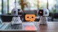 Two small robots on a desk with a laptop, communicating through a floating, smiling chat bubble, symbolizing AI interaction