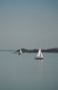 Two small sail boats with white sails in a quiet bay