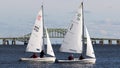 Two small sailboats with the Great South Bay bridge in background during December regatta Royalty Free Stock Photo