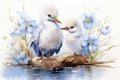 Two small stork chicks near the river