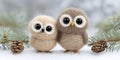Two small stuffed owls perched on a tree branch with natural green foliage in daylight. Royalty Free Stock Photo