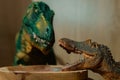 Two small toy dinosaurs over a wooden bowl of food on the shelf Royalty Free Stock Photo