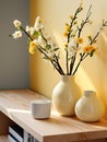 Two small vases with flowers on a wooden table in classic Japanese simplicity style in light yellow and cream tones