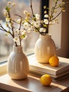 Two small vases on a wooden table in classic Japanese simplicity style in light yellow and beige