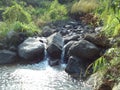 Two small waterfalls shoot from small river on the mountain