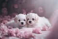 two small white dogs laying on a bed of pink flowers