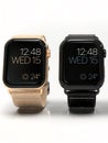 2 smart watches - Apple Watch 4, gold and black, on white