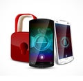 Two smartphone with a fingerprint and a padlock ,concept of privacy and safety