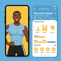 Two smartphone screens display a virtual personal trainer app. The left screen shows Royalty Free Stock Photo