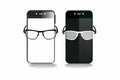 Two smartphones black and white with glasses. Icon. White background.