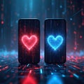 Two smartphones display glowing hearts, red and blue, against a dark digital background with binary code and light streaks. Royalty Free Stock Photo