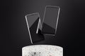 Two smartphones floating above a terrazzo surface, displayed in a clean and modern mockup presentation on a dark background. 3D Royalty Free Stock Photo
