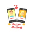 Two smartphones with man and woman characters avatars for online dating service promo. Love chat. Vector flat