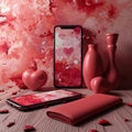 two smartphones with a red heart on a pink screen, red vases and porcelain pink hearts, folded on a red and pink