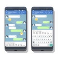 Two smartphones with social network or messenger application template with and without virtual keyboard