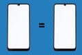 Two smartphones with white displays on a blue background with an equal sign in the middle