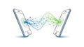 Two smartphones wirelessly connected and exchanging data in a colorful abstract illustration Royalty Free Stock Photo